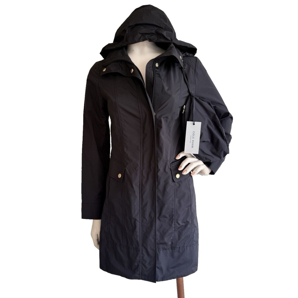 COLE HAAN Black Coat Jacket Trench NWT Removable Hood with Pouch Women Size XS